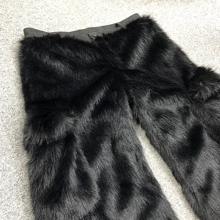 OEM/ODM Custom black wide leg faux wolf fur fringe pants men