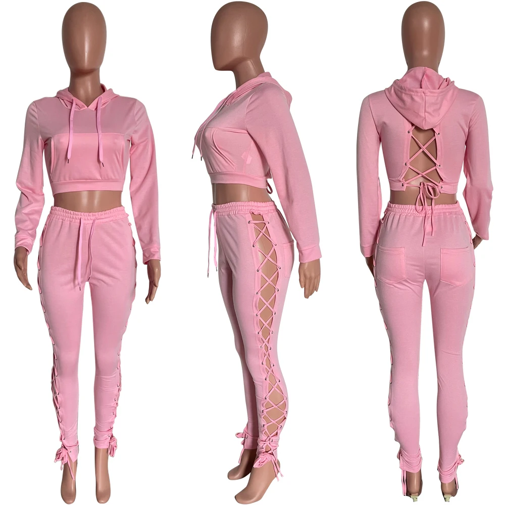  2021 winter fall two piece hooded long sleeve crop top sweater set hollow out eyelet bandage sexy women autumn outfits