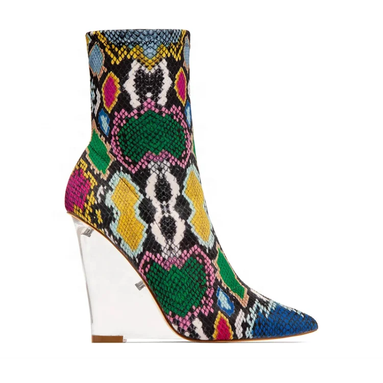 Candy Neon Snakeskin Printing Stretch Fabric Pointed Toe High Heels Transparent Crystal Wedges Pumps Shoes Big Size Ankle Boots
