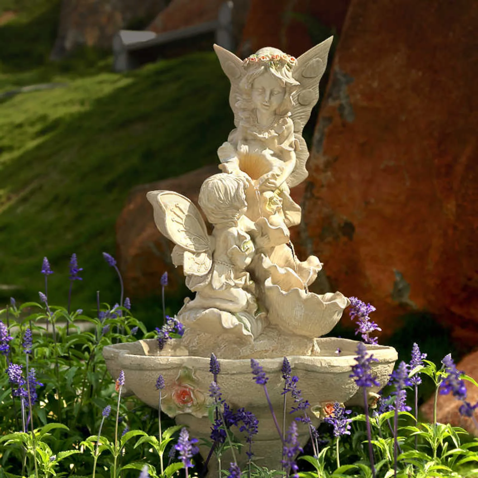 Decorative Fairy Garden Water Fountain with Cherub and Flower Basin Outdoor Resin Sculpture for Backyard Patio and Garden Decor