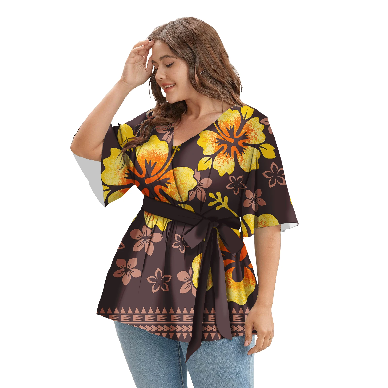 Woman Tops Fashionable Blouse Polynesian Tribal Hawaii Flower Designer Blouses For Women Short Sleeve Sexy Club Top Women