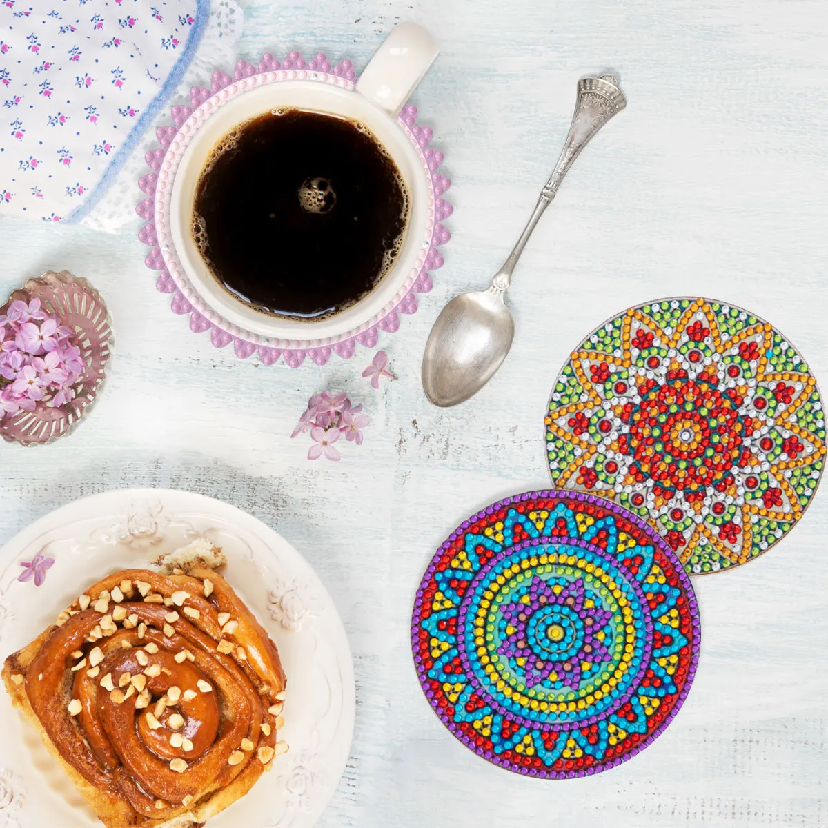 6pcs 5d  Round Diamond Painting Coaster Flower Embroidery Cross Stitch Coasters Painting Kits For Kids And Adult Diamond Dots