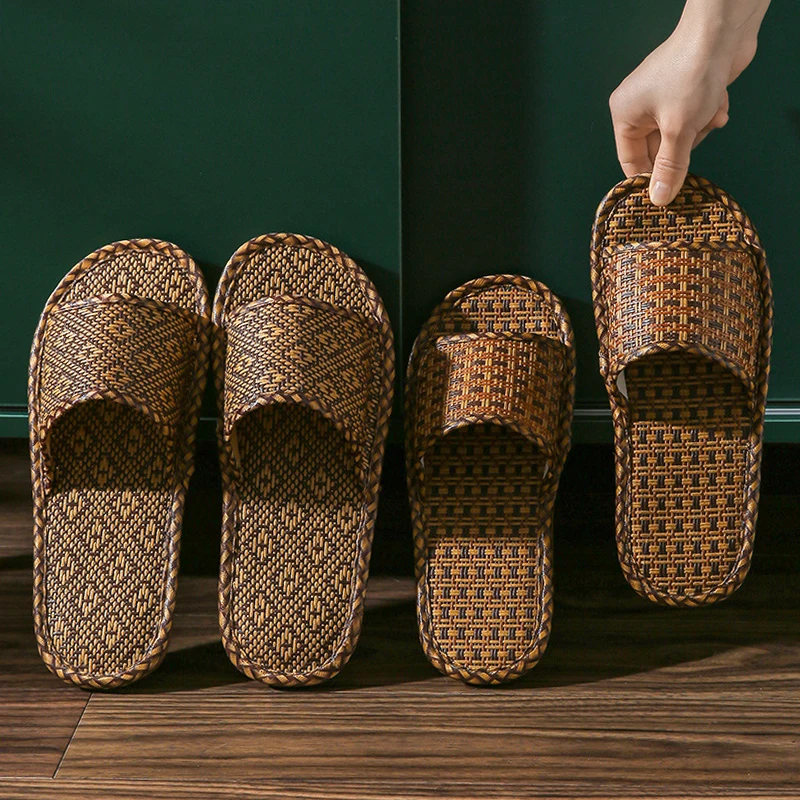 Cheap Summer Household Bamboo Rattan Slippers Unisex Hotel Bathroom Anti-Skid Weave Straw Braided Slides