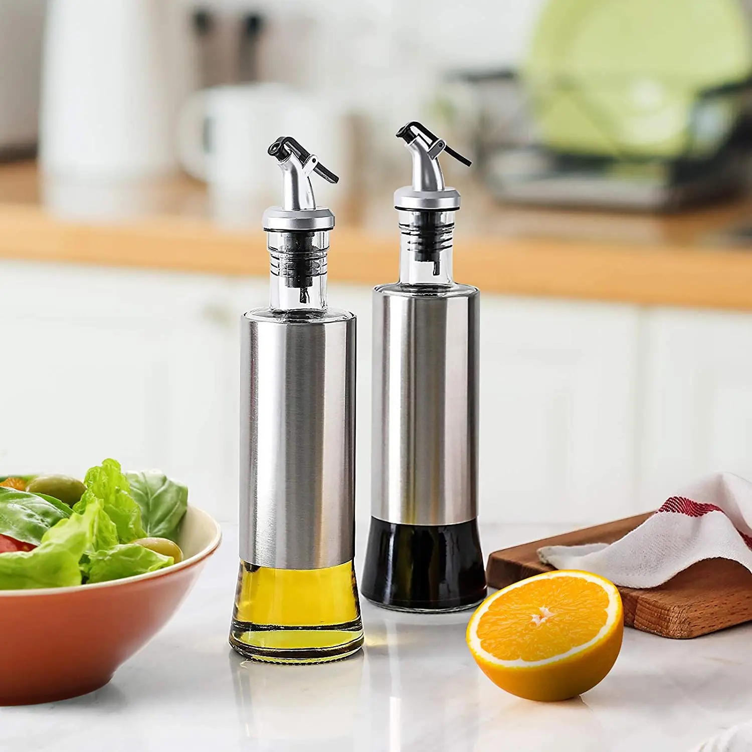 Premium Stainless Steel Glass Olive Oil Dispenser Bottle Oil and Vinegar Soy Sauce Cruet Dispenser Set with Drip Free Design
