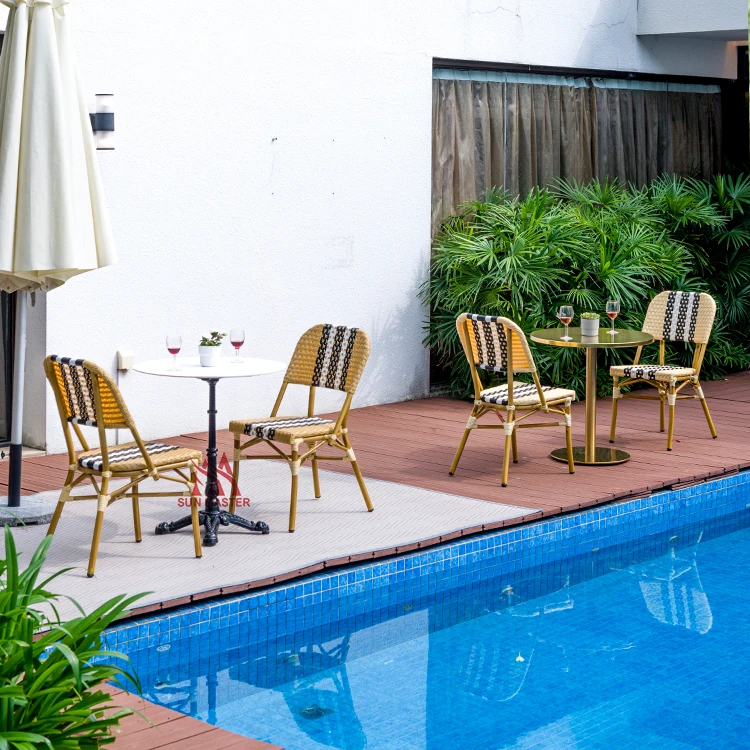 Modern Outdoor Furniture Garden Aluminum Rattan Wicker Stackable Chairs  Balcony French Cafe Bistro Bamboo Chair And Table Set