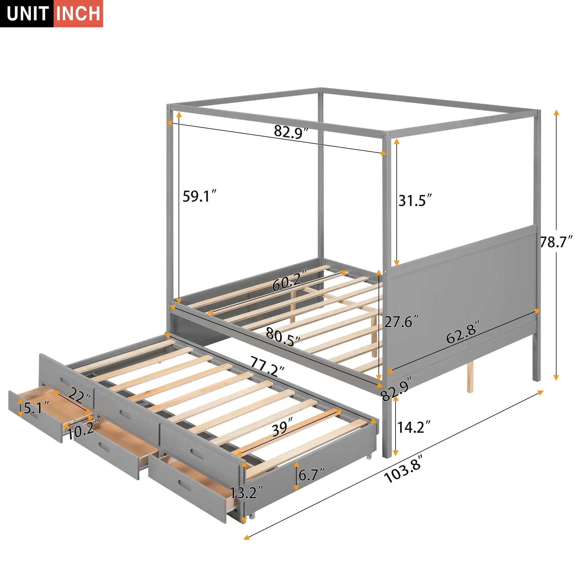 Queen Size Canopy Platform Bed with Trundle Bed and Drawers, Solid Wood Canopy Bed Frame with 3 Storage Drawers