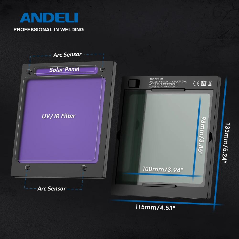 ANDELI Welding Helmet Large Viewing Solar Auto Darkening True Color Mask for Grinding Welding 4 Arc Sensors 1/1/1/2 Optical