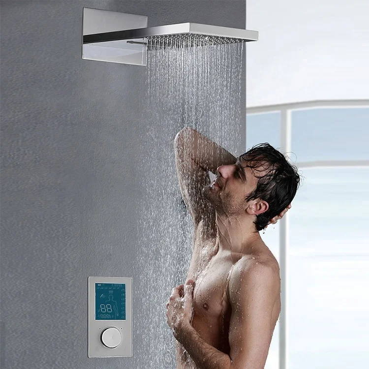 kaiping Digital Chrome Plated Two Functions Shower Head Set LED Digital Rain Panel Thermostatic Shower Faucet