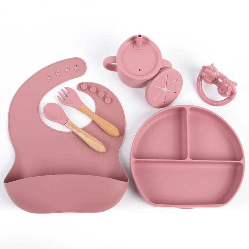 2021 latest Baby silicone Bib plate bowl set anti scald silicone plate with fork and spoon,baby bowl