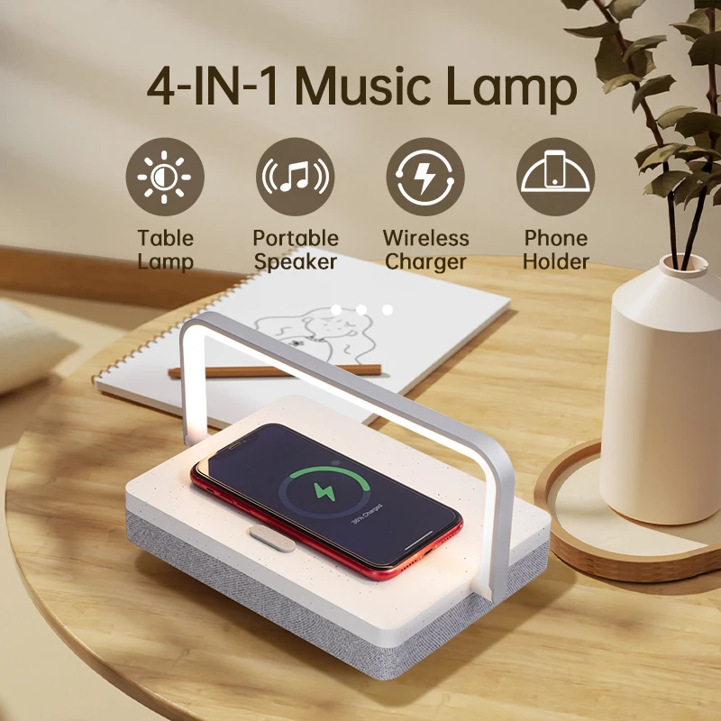 Music desk lamp and wireless charger 4-in-1 touch bedside lamp mobile phone holder Bluetooth player
