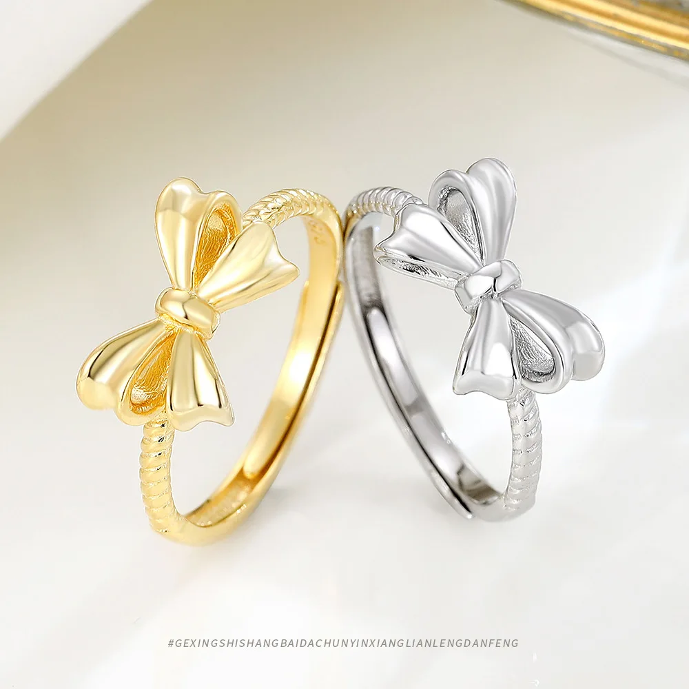 Ins Delicate Gold Plated Smooth Bow Shape Band Rings S925 Sterling Silver High Polished Bowknot Rings