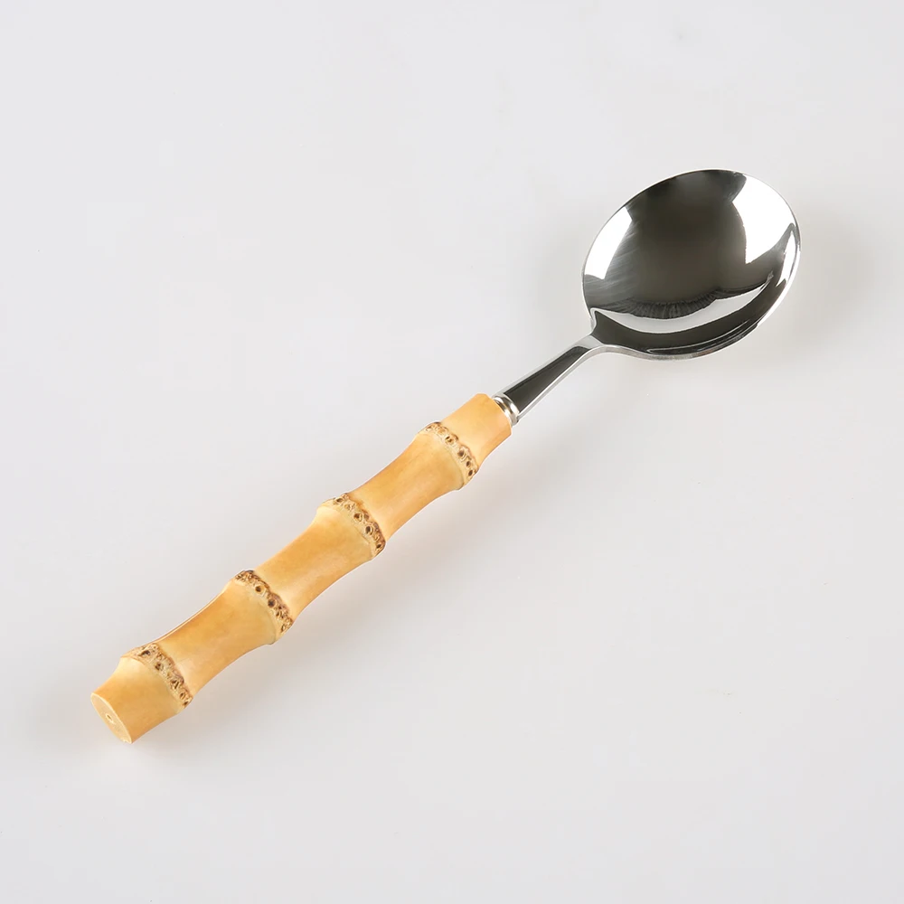 Restaurant Hotel Household Kitchen Cutlery Tableware 304 Stainless Steel Natural Bamboo Wood Handle Big Round Serving Spoon