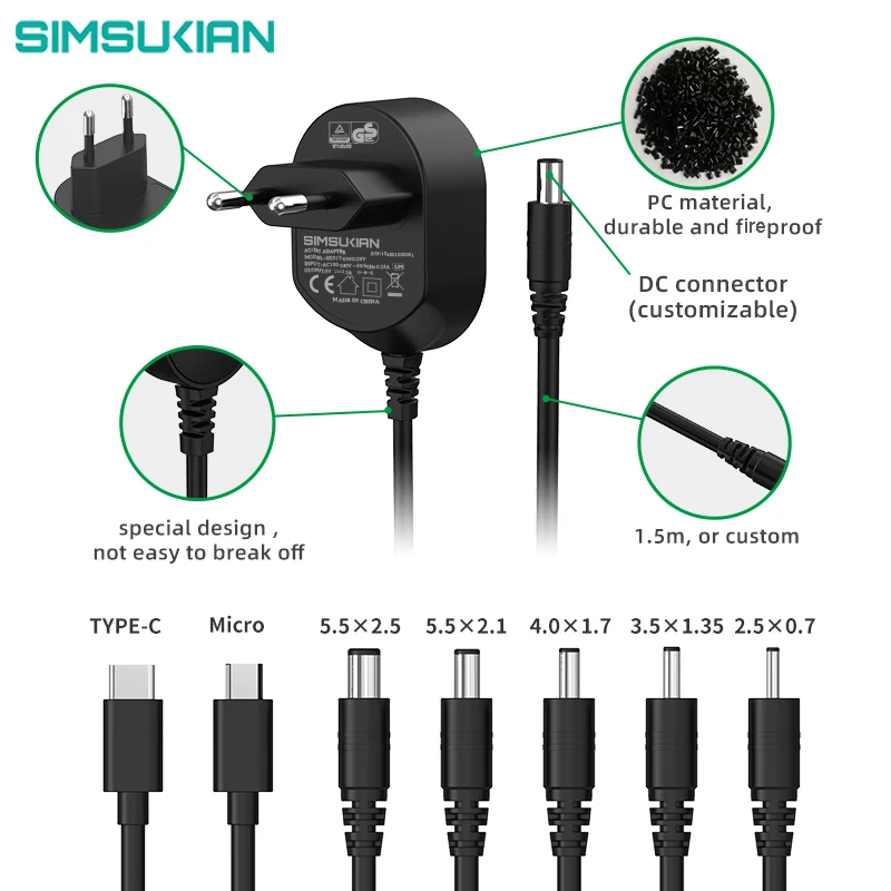 Factory OEM ODM Power Adapter with U L  FCC CE GS SAA RCM KC PSE UKCA 5V 6V 9v 12V 24V 1A 1.5A 2A 3A Adapter