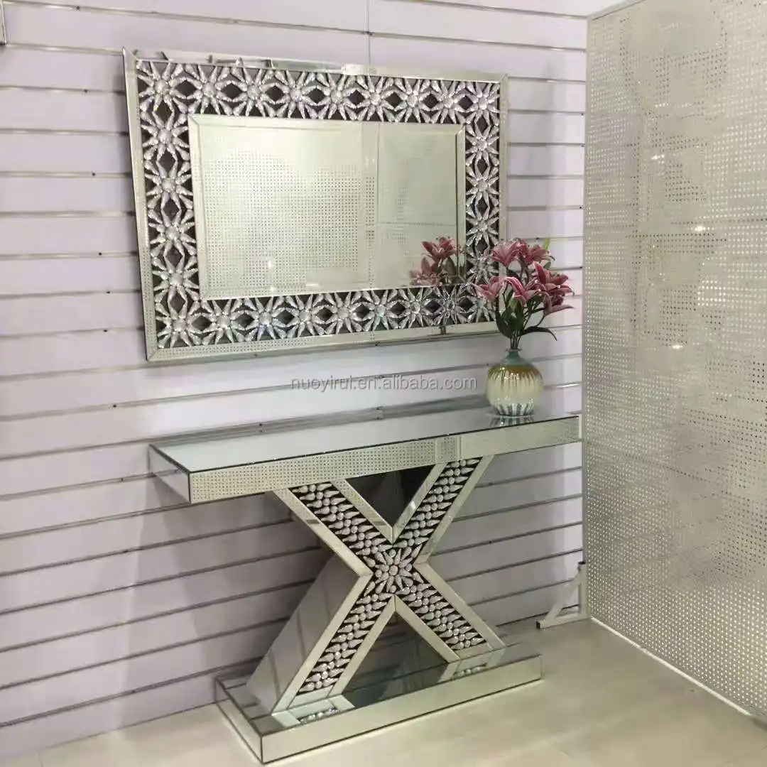 Modern Luxury L V Shape Gold And Mirrored Glass Console Table With Square Mirror Set Sideboard Vintage