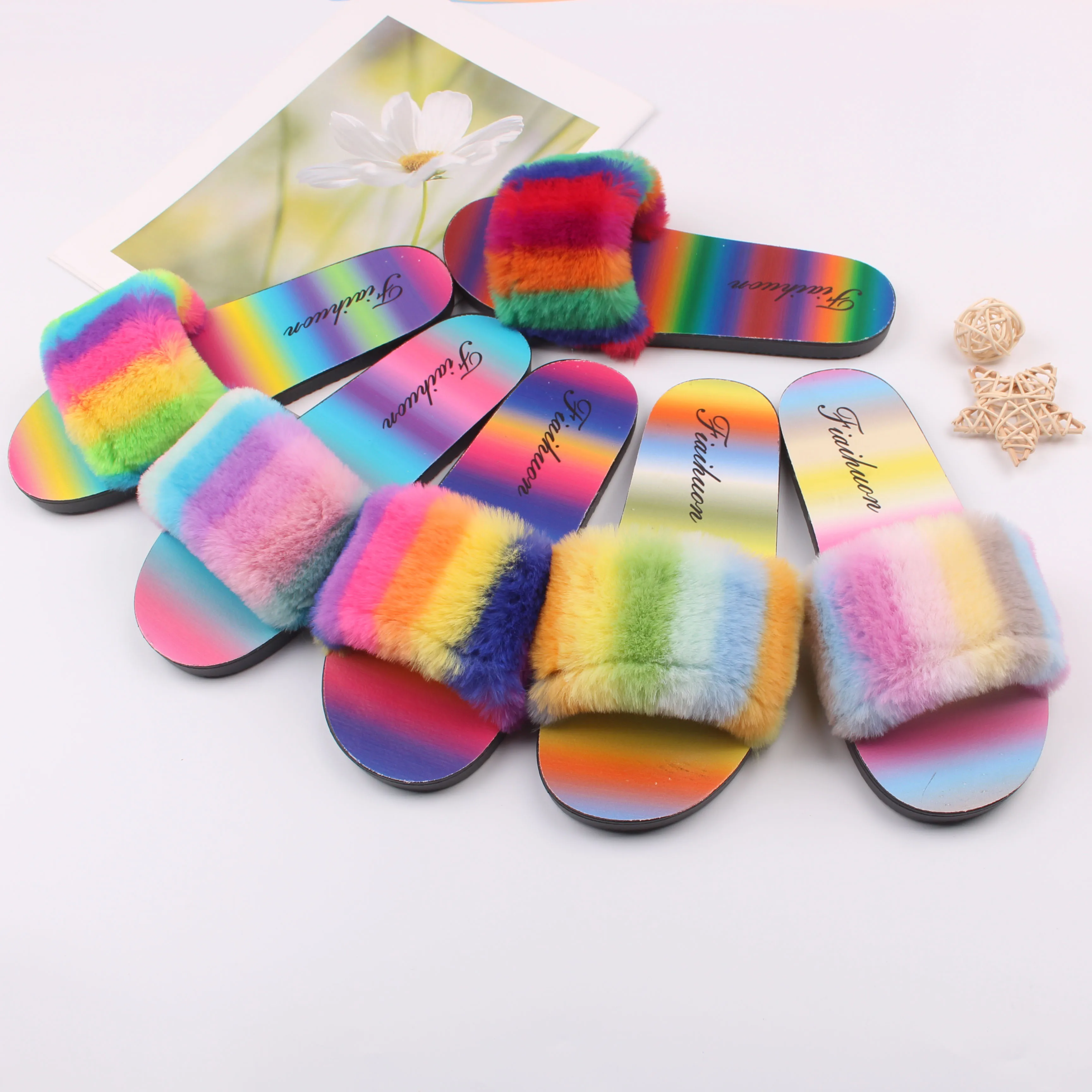 Super High Quality Rainbow Gradient Colors Light Weight Flat Plush Casual Girls Slippers