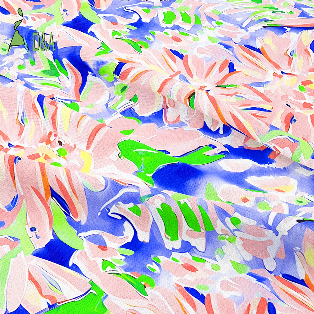 Wholesale Oil Painting Pink Floral Printed Pattern Fabric 100% Polyester Satin Fabric For Garment