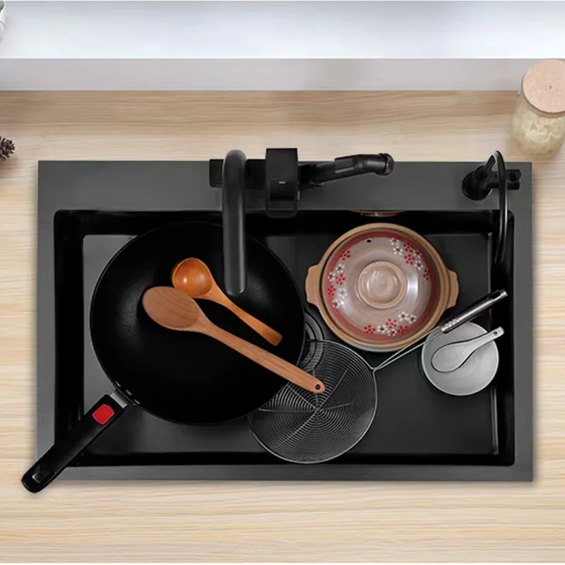 Factory Wholesale Luxury 304 Stainless Steel Single Basin Kitchen Sink Modern Black Nanomaterial Sink Durable Square Sink