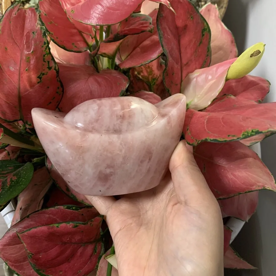 Pink Crystal ingots Chinese Hand Made Rose Quartz Lucky Yuan Bao Ingot middle size for feng shui