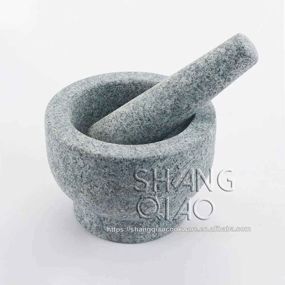 Amazon Hot Sale Natural Unpolished Exterior Granite Mortar and Pestle with Bonus Bamboo Lid and Cork Mat