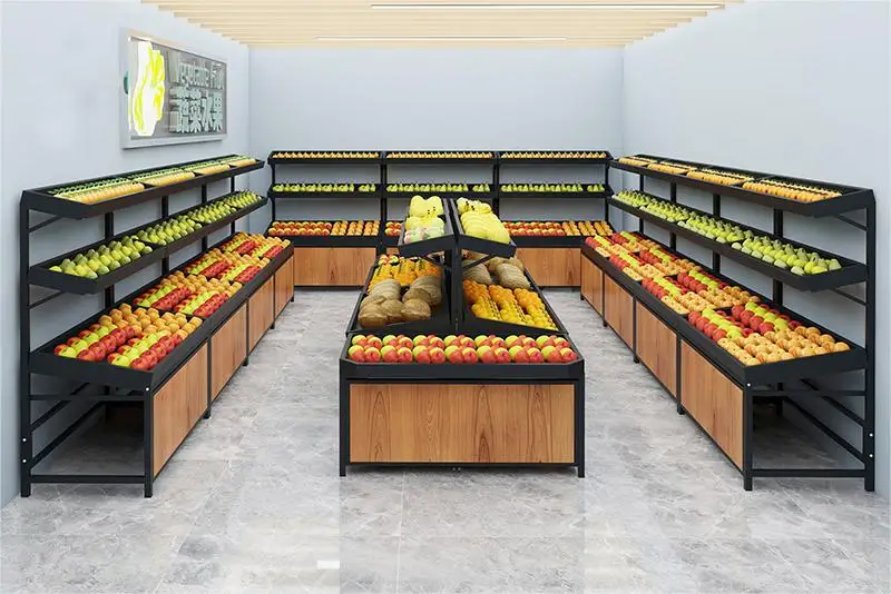 Meicheng Shop Racks Wooden Vegetable Stand Supermarket Steel Wood Fruit Vegetable Display Stand