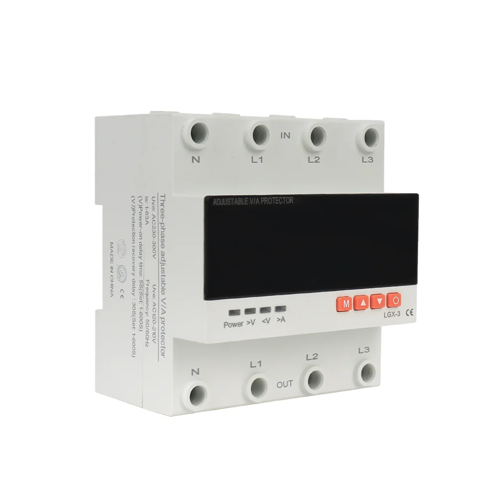 63A 80A 3P+N Din Rail Voltmeter Ammeter Adjustable Over and Under Voltage Current Limit protection Monitor Six Digital Display