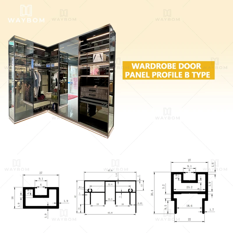 Waybom luxury aluminum four glass door frame metal wardrobe sliding 2 door style B door profiles home minimalist design