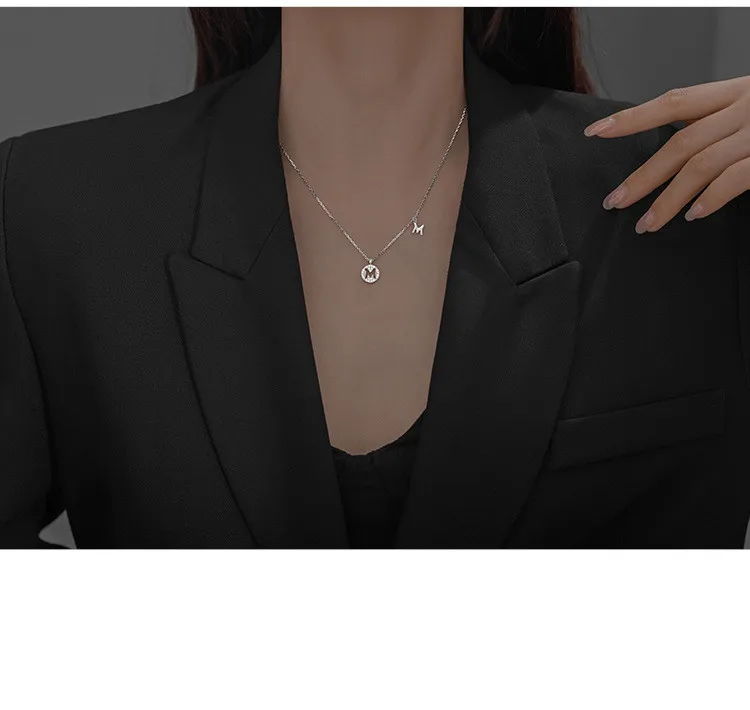 fashion jewelry 925 sterling silver 26 letter double alphabet zircon diamond round coin pendant gold plated necklaces women