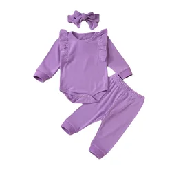 Organic Cotton Infant Clothes Jumpsuit Pink Ruffle Bodysuit Long-Sleeve Plain Newborn Girls Rompers Baby Clothing Set With Pants