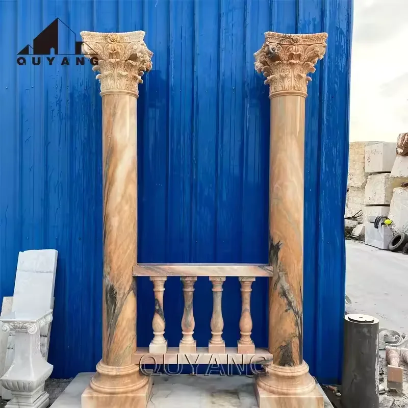 QUYANG Outdoor House Building Decoration Round Stone Pillar Design Sunset Red Marble Roman Column