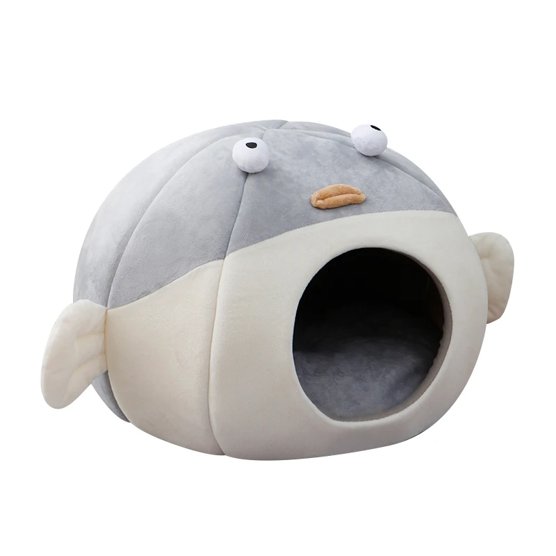 Pet Products Cute Puffer Fish Shape Cat House Safe Semi-closed Dog Bed Warm Plush Winter Indoor Pet Home