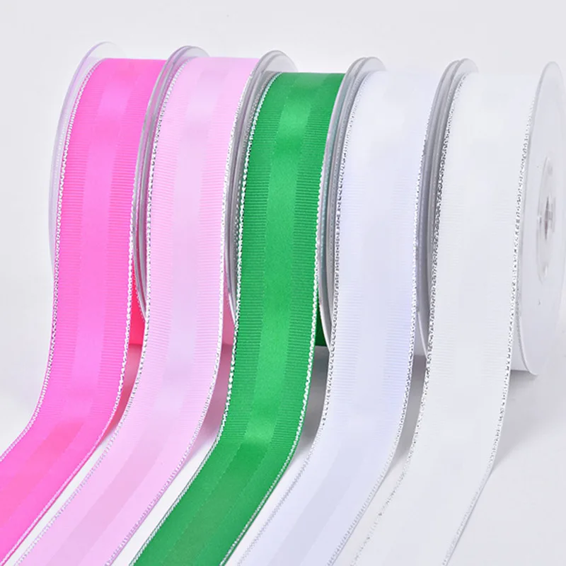 Wholesale Grosgrain Edge Double Face Satin Ribbon Designer With Silver Edge Satin Ribbon 14 Colors 9-38MM