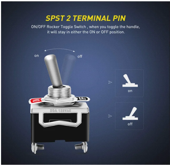 YUENFUNG Heavy Duty Rocker Toggle,15A 250V 20A 125V SPST 2 Pin ON/Off Switch Metal Bat