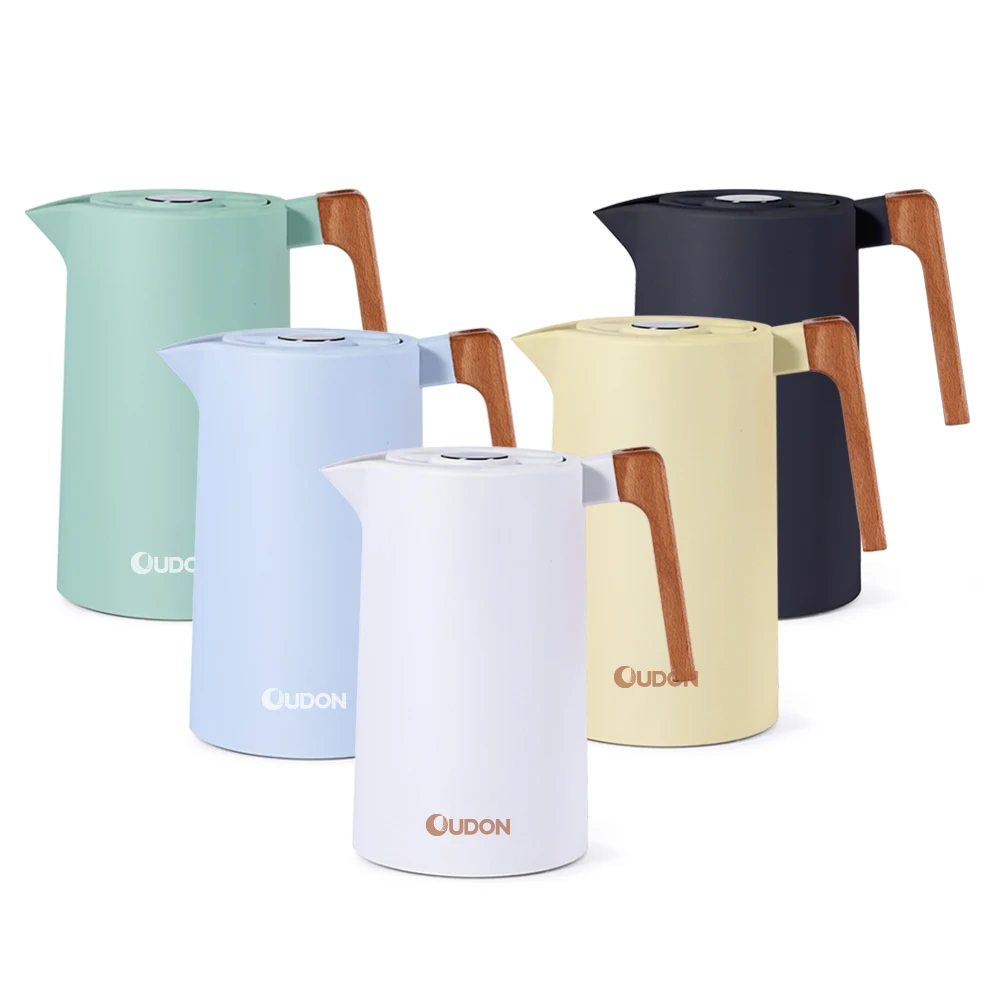 Stainless Steel Liner Wooden Handle Coffee Pot Thermos Flask with Press Button Lid