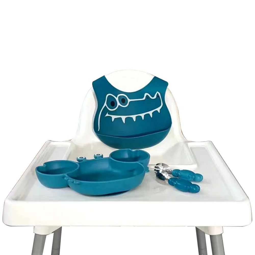 BPA Free Animal Face Bib Suction Plato Bebe Silicone Crab Platos Silica Gel Children Spoon Fork Baby Feeding Set