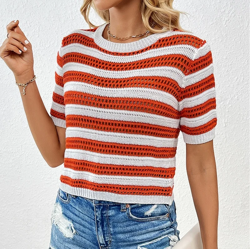GIMILY Oem custom Pullover Knitted Crochet Sweater For women  Casual Round neck Crop Tops Striped patchwork short sleeved top