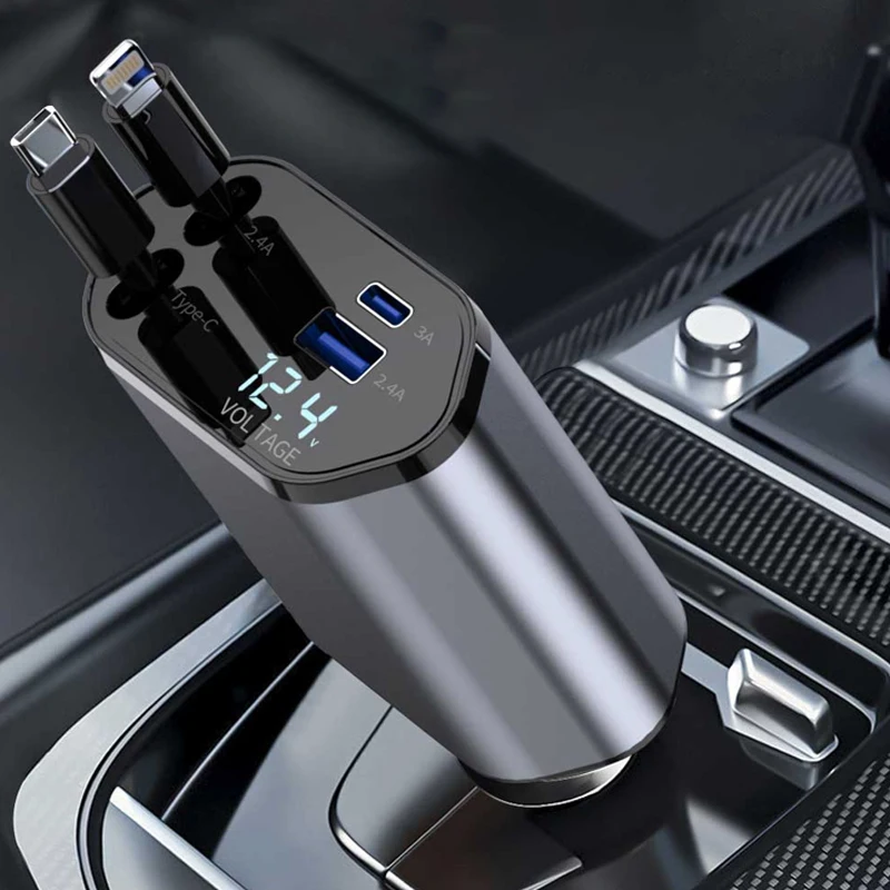 4 In 1 Retractable Car Charger Wired 120w For USB Cable For iPhone or Type-c Super Fast Charging Adapter