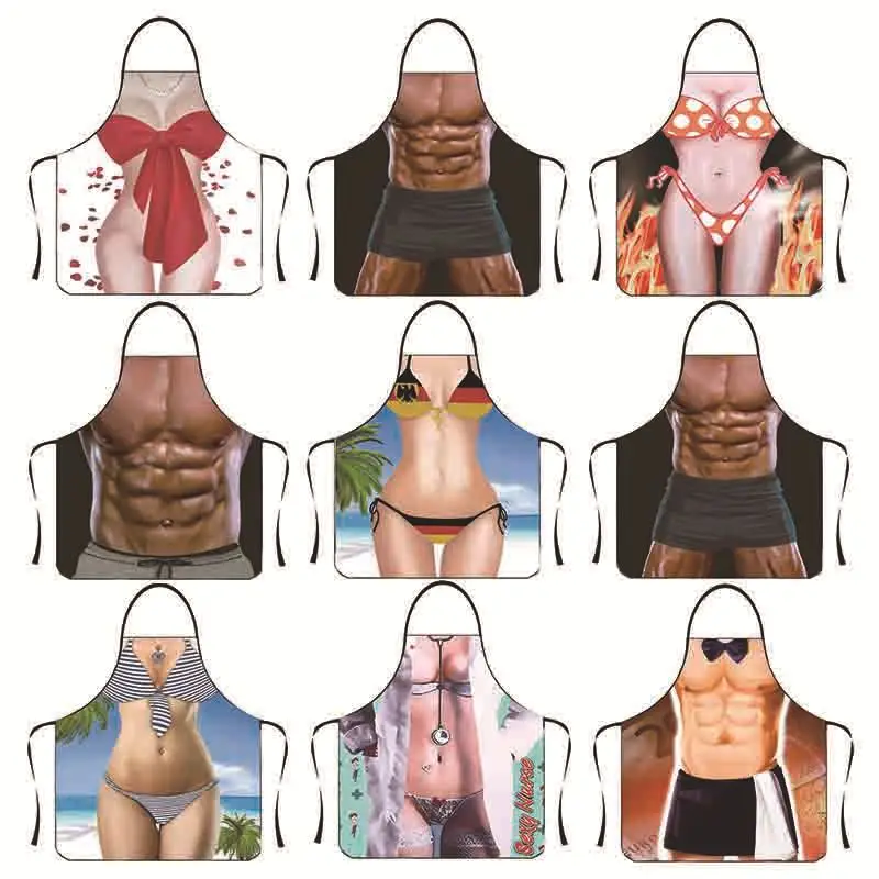 Funny Apron Personality Novelty Clear And Real Image Sleeveless Strap Waterproof Polyester Muscular Man Kitchen Apron Home