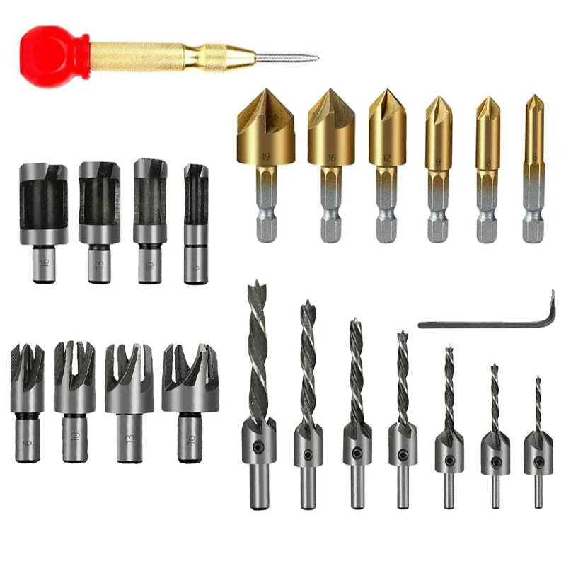 23pcs High Speed Steel Chamfering Machine Woodworking Triple Point Countersink Drill Positioning Center Punch Combination Set