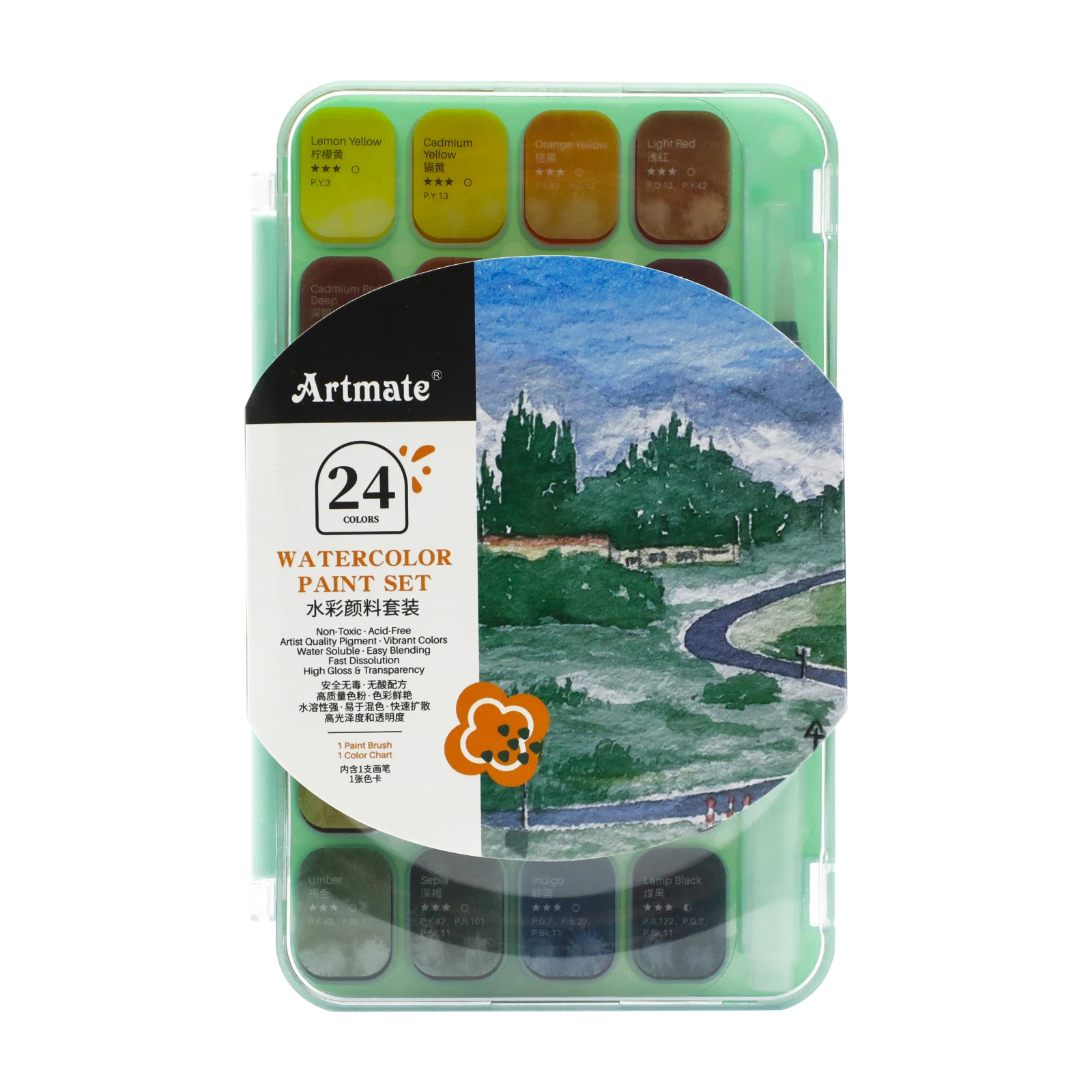 Artecho art supply  watercolor cake with brush semi dry watercolor cake set  24 colors