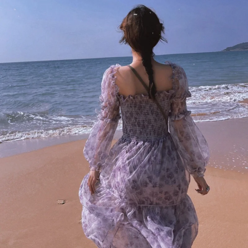 Boho Beach Floral Summer Dress Elegant Lace Puff Sleeve Midi Dress Women Square Collar Female Party One Piece Dress Korean