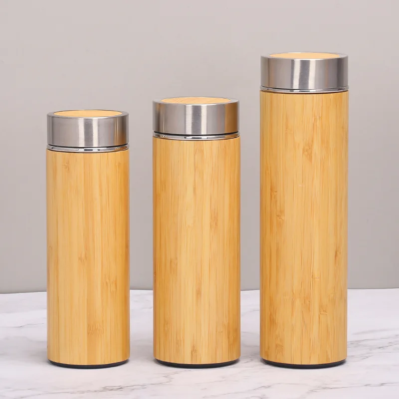 2024 Smart bamboo water bottle double wall stainless steel  bottle bamboo thermoses with LED Temperature Display