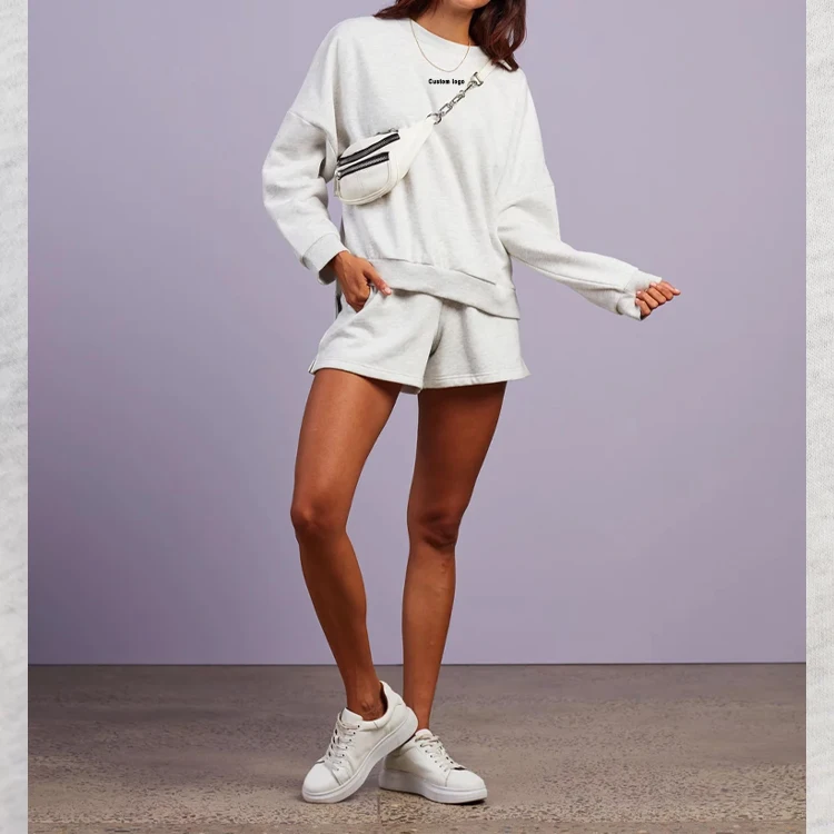High Quality Fashion Wholesale Long Sleeve Sweatshirt Custom Logo Jumper Sweat Shorts Two Pieces Set Tracksuit 2 Piece Short Set