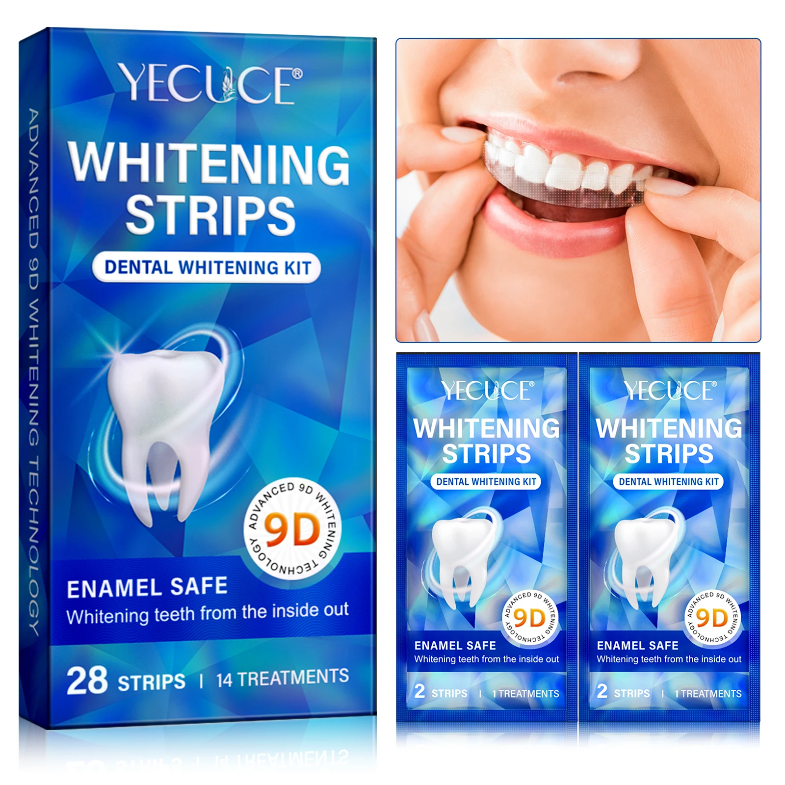 YECUCE Private Label 9D Whitening Technology Tooth Bright Dental Teeth Whitening Strips White Strips Teeth Whitening