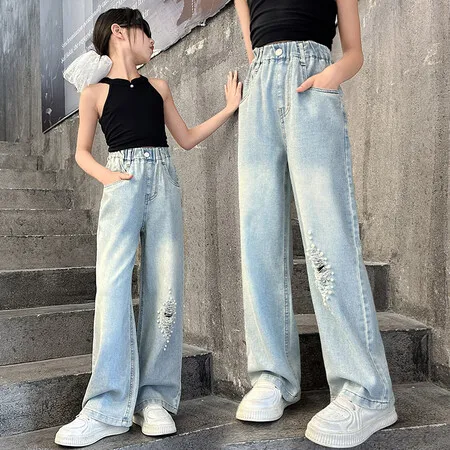 2024 New Summer Teenagers Girls Washed Blue Pearls Patched Jeans Big Girl Summer Thin Jeans 5-15 Years