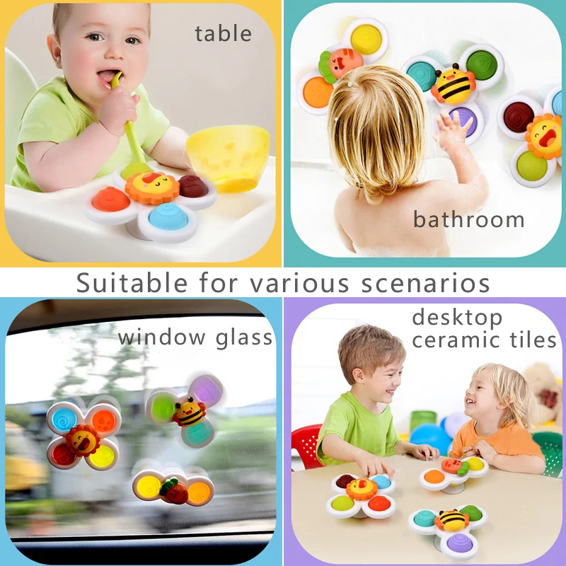 3PCS Cartoon Animal Suction Cup Spinner Toy Baby Bath Toys Hand Spinning Anime with Sucker Water Play Toys for Baby Kids Gift