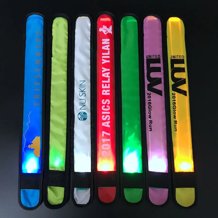 Outdoor supplies custom LOGO safety armband nylon glowing hand band LED slap bracelets for sports party