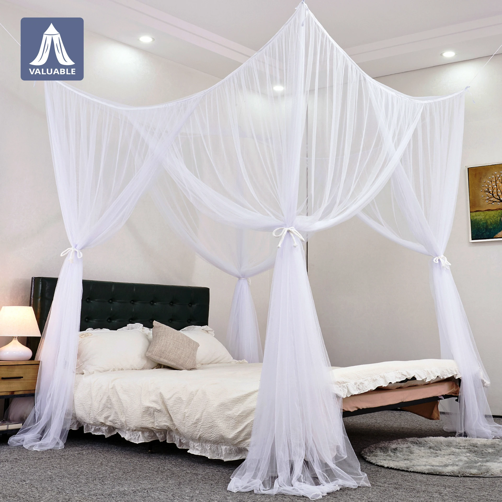 White Square Foldable Polyester Mosquito Net Canopy Double King Bed Large Outdoor Space Four-Door Indoor Room Mesh Adults