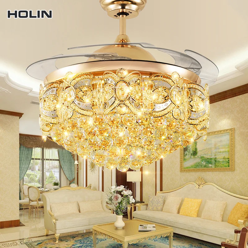 Luxury golden LED chandelier lighting remote control fancy pendant lamp home hotel modern crystal ceiling fan with light