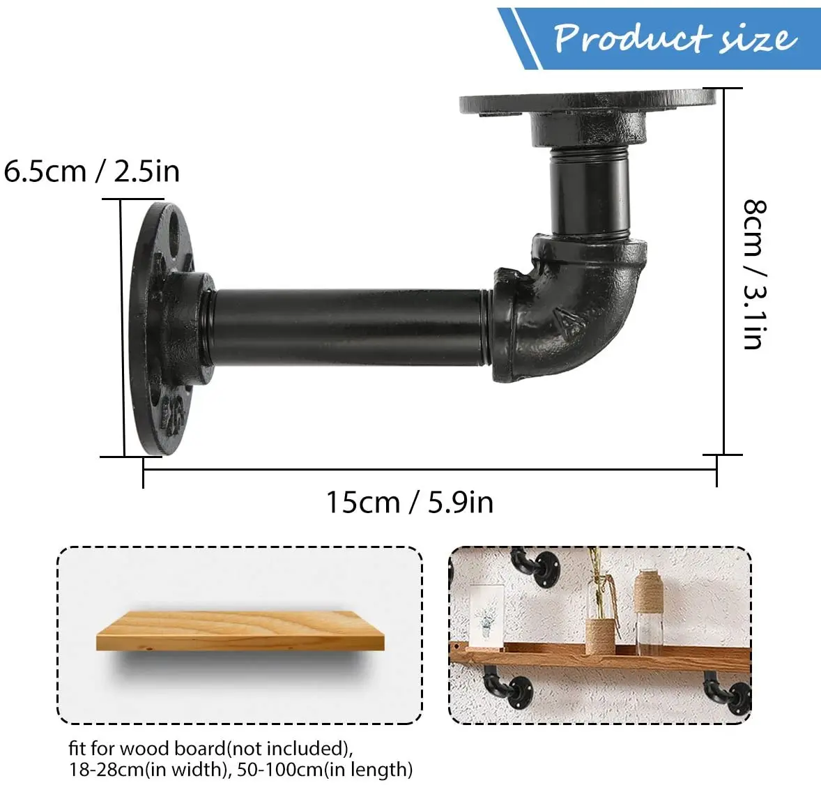 Industrial Black Iron Pipe Bracket Wall Mounted Floating Shelf Hanging Wall Hardware Decor for Farmhouse Shelving Hardware