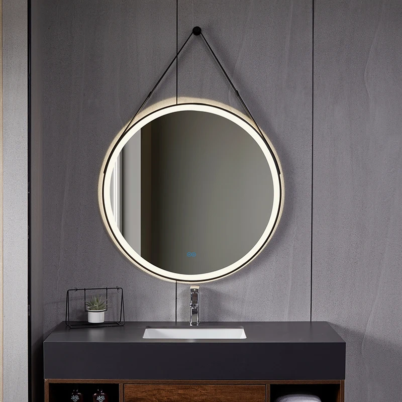 Custom Aluminum Frame Touch Screen Hanging Wall Round Makeup Led Bathroom Smart Mirrors with leather strap